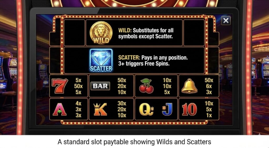 A standard slot paytable showing Wilds and Scatters