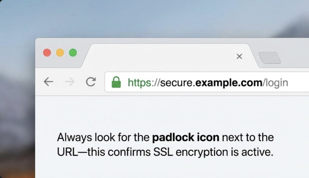 Always look for the padlock icon next to the URL—this confirms SSL encryption is active