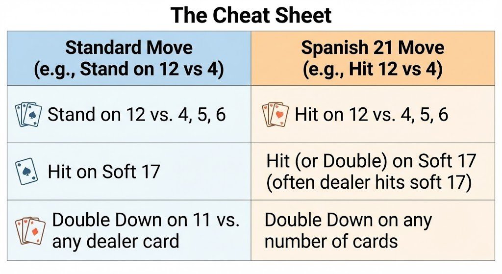 Chart showing key strategy differences between Blackjack and Spanish 21.
