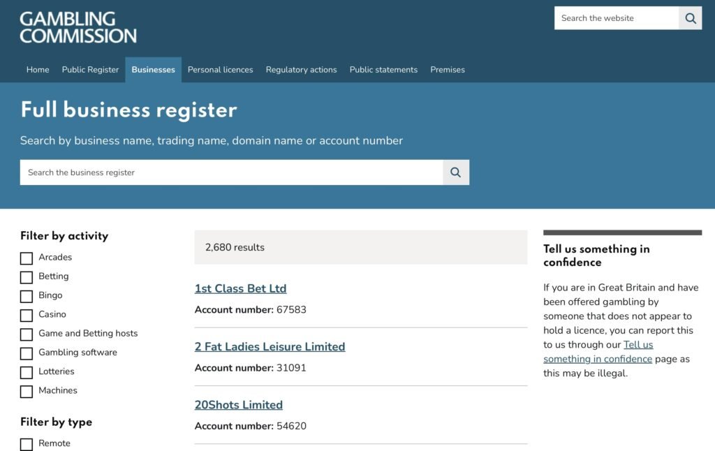 Gambling Commission Full Register of Gambling Businesses