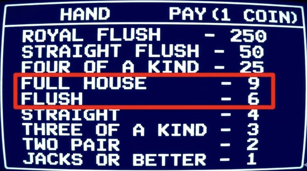 Video Poker Paytable showing 9/6 payouts for Full House and Flush