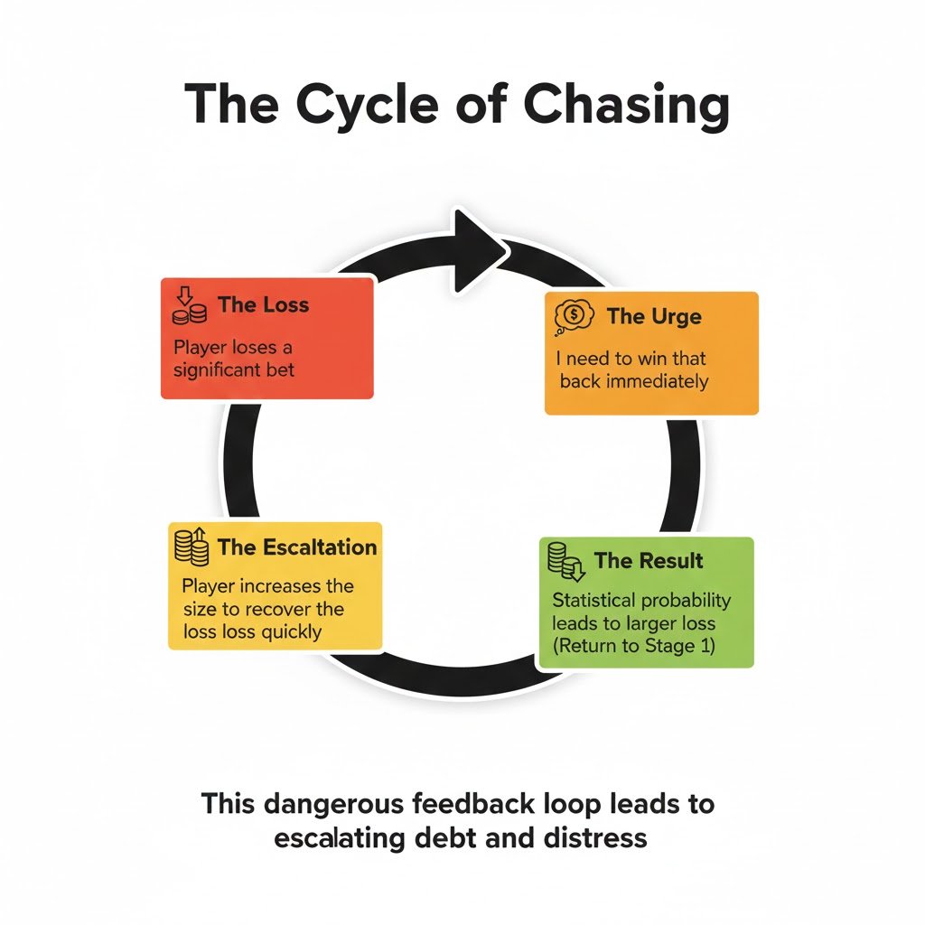 Cyclic diagram showing the psychological stages of chasing gambling losses.