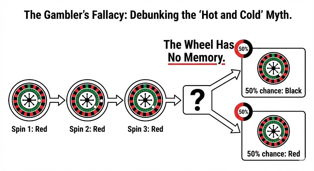 Diagram explaining the Gambler's Fallacy showing independent roulette spin probabilities.