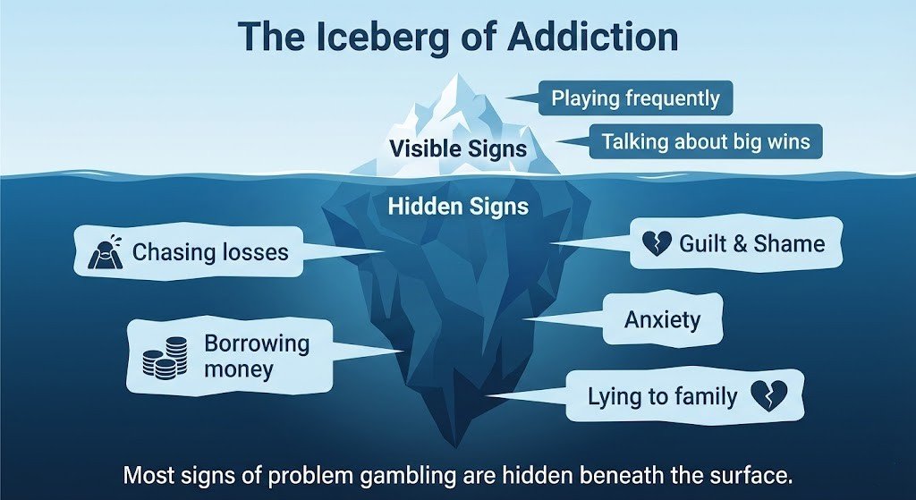  Iceberg illustration showing hidden symptoms of gambling addiction like anxiety and debt.
