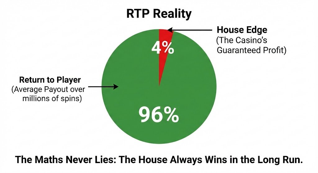 Pie chart showing 96% RTP vs 4% House Edge in online slots.
