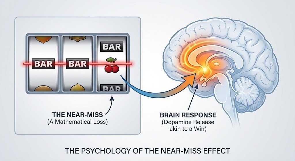 Diagram illustrating how a slot machine near-miss outcome visually triggers reward pathways in the brain, mimicking the dopamine release of an actual win.