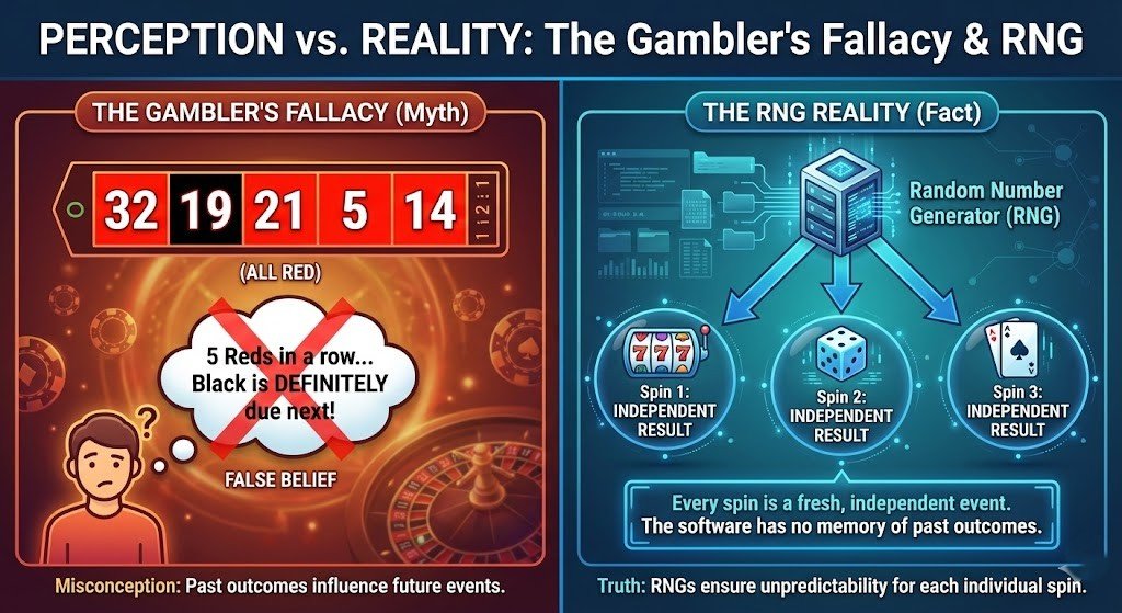 Infographic comparing the Gambler's Fallacy myth that past results influence future outcomes against the reality of Random Number Generators (RNGs) creating independent, unpredictable events